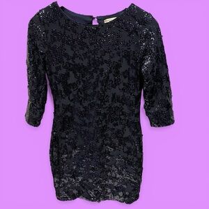 Cute Y2K navy mesh sequin stretchy bodycon dress 3/4 sleeve Arden B. Open back